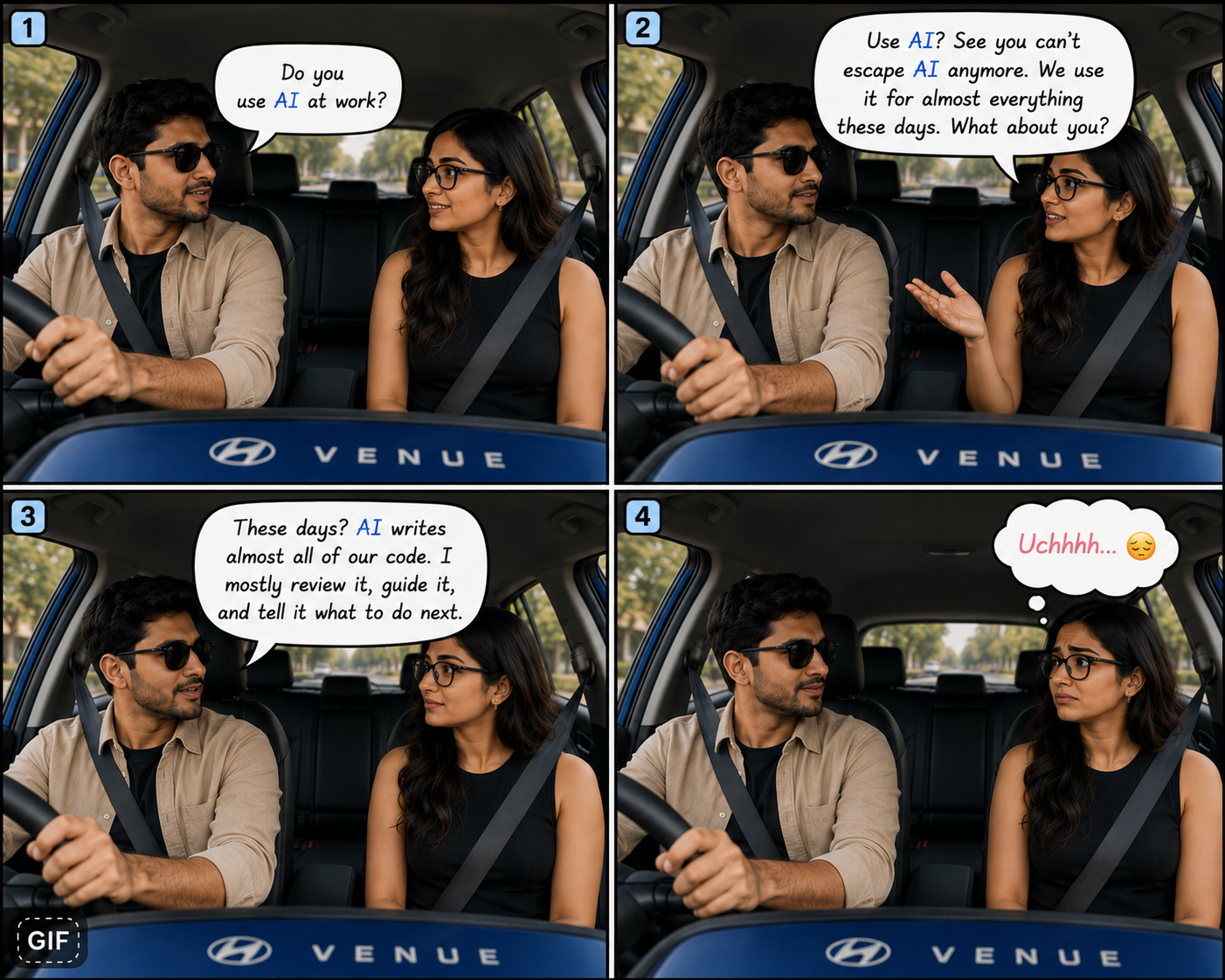 Comic strip of a commute conversation about how AI is changing work